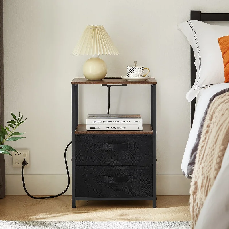 Open Storage Shelf Nightstand with Charging Station and Drawers