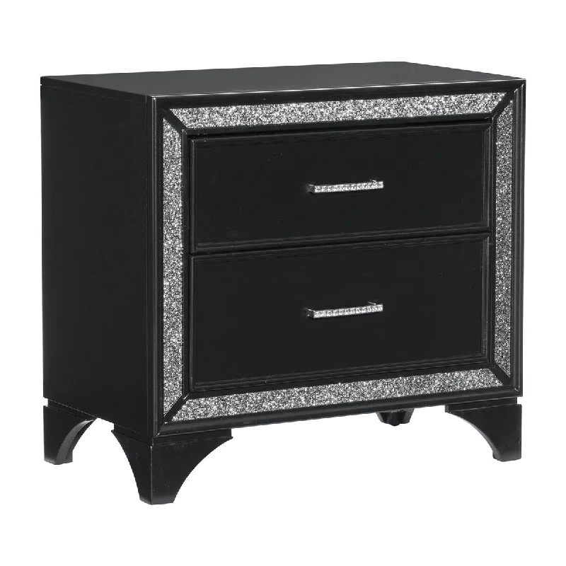 Oro 30 Inch Nightstand, 2 Drawers, Silver Trim, Chrome Bar Handles, Black