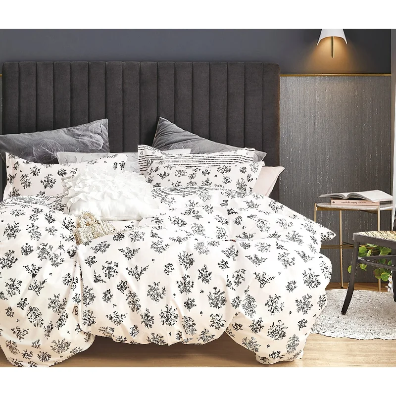 Parsley Black/White Floral 100% Cotton Reversible Comforter Set