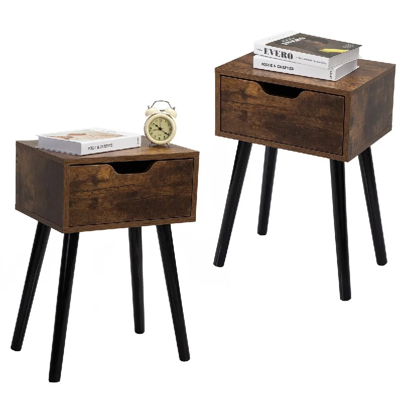 Pine Wood Rustic Single Drawer Nightstand Side Table (Set of 2)