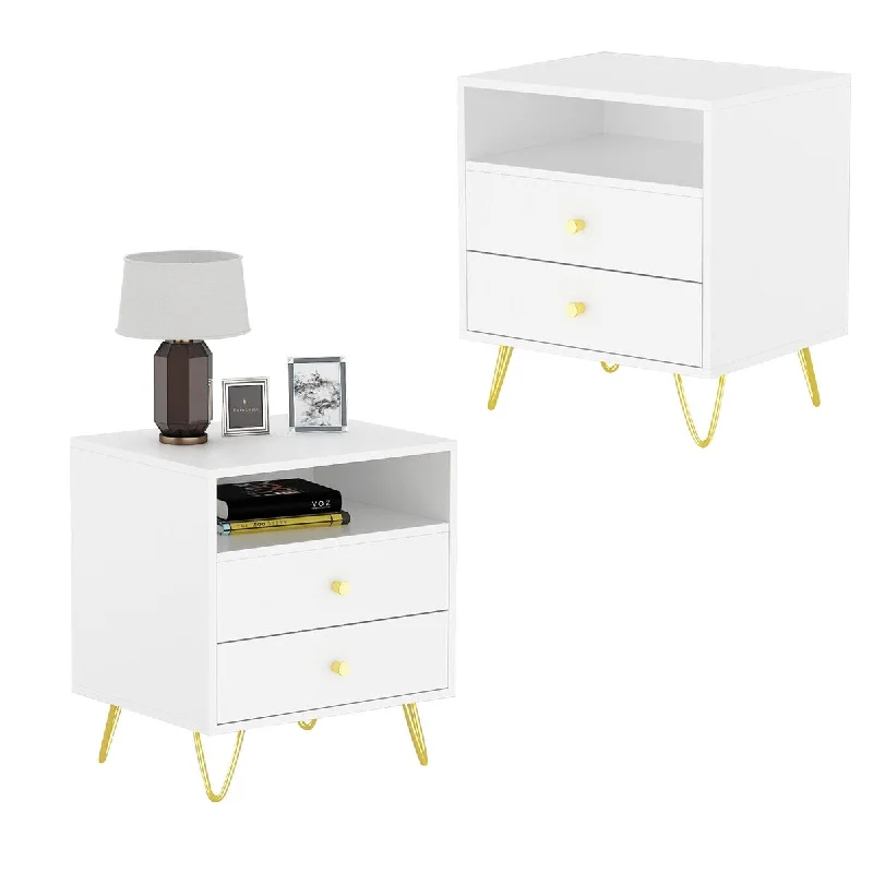 Premium 2-Drawer White Nightstand with Shelf by Kerrogee (2 Pack)