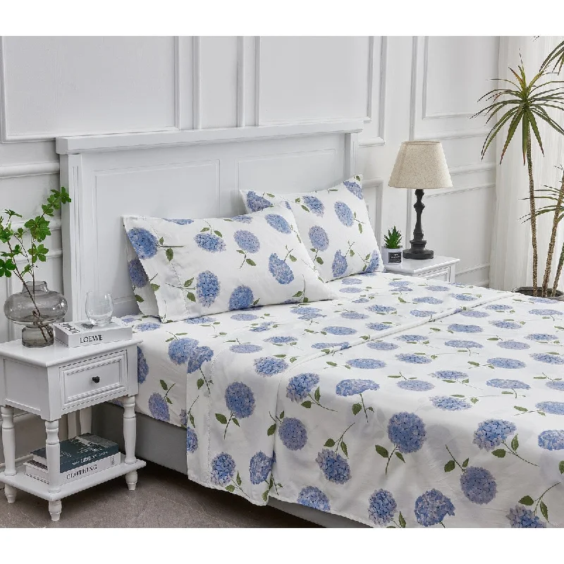 Printed Design Cotton Collection 400TC Hemstitch Blue Hydrangea Sheet Set and Pillowcases