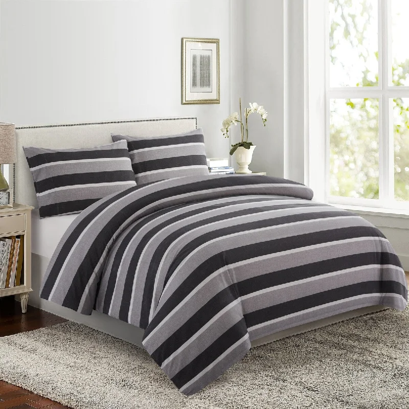 Printed Ultra Soft Rayon from Bamboo All Season Duvet Cover Set with Corner Tie and Hidden Zipper, Black Grey Stripes