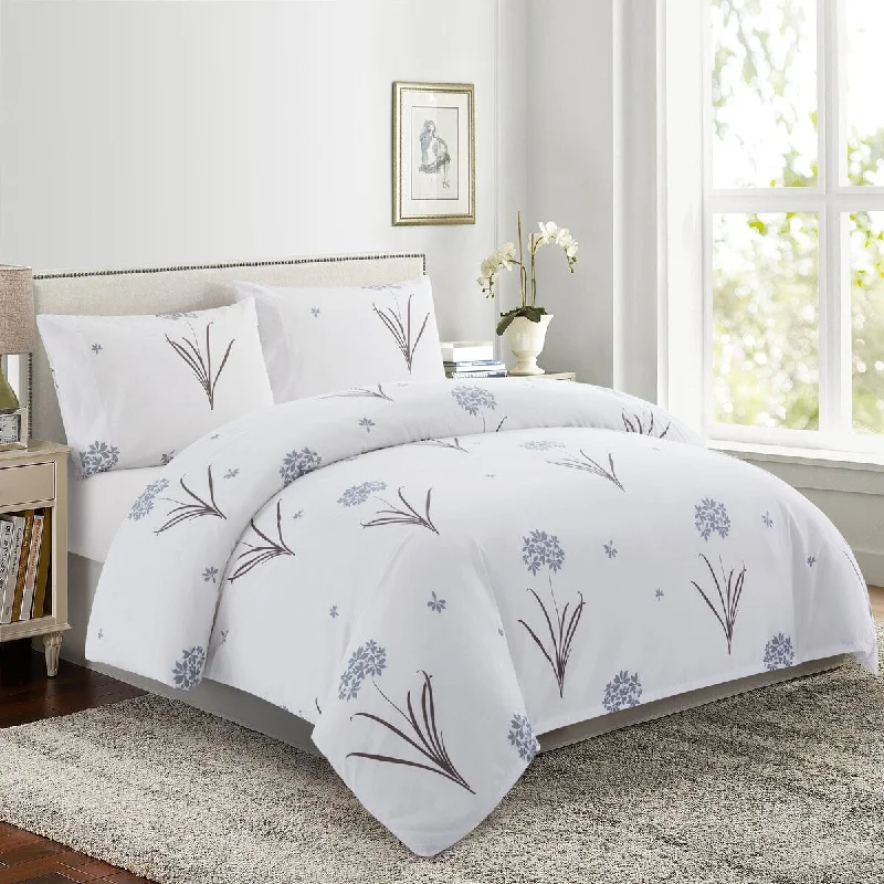 Printed Ultra Soft Rayon from Bamboo All Season Duvet Cover Set with Corner Tie and Hidden Zipper, Grey Hydrangea Floral