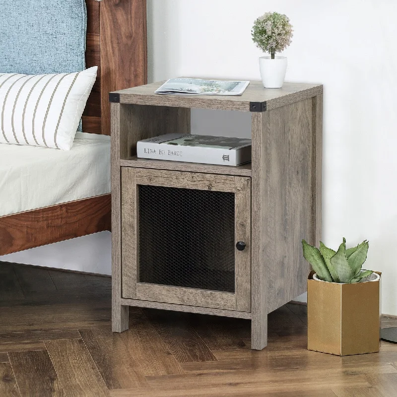 Retro Gray+P2 Particle Board+Multi-Function All In One Farmhouse Nightstand - Power Outlets, USB Ports, Cabinet, Storage Shelf