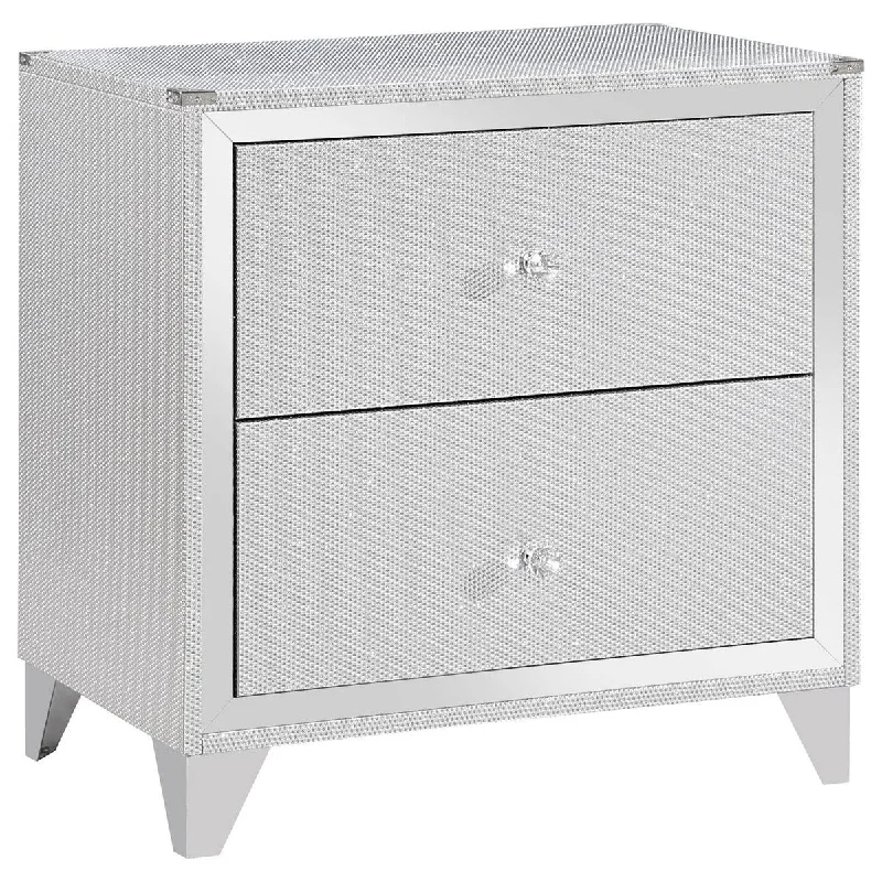 Ruel 27 Inch Nightstand with 2 Drawers, USB Ports, Glam Silver Pine Wood