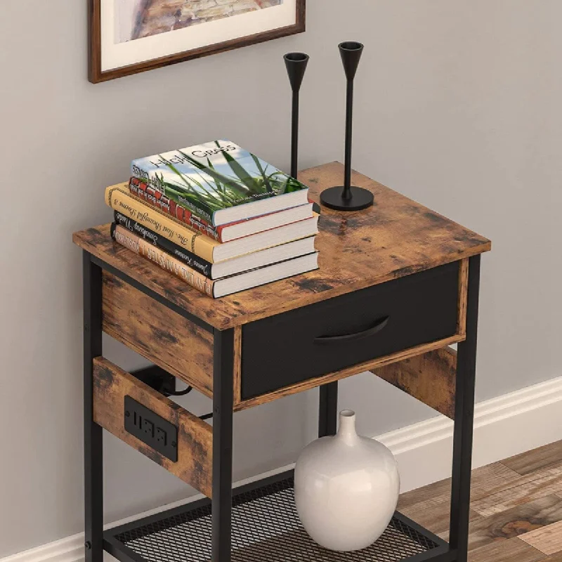 Set of 2 Nightstand with Drawer, Open Shelf and Socket, Brown