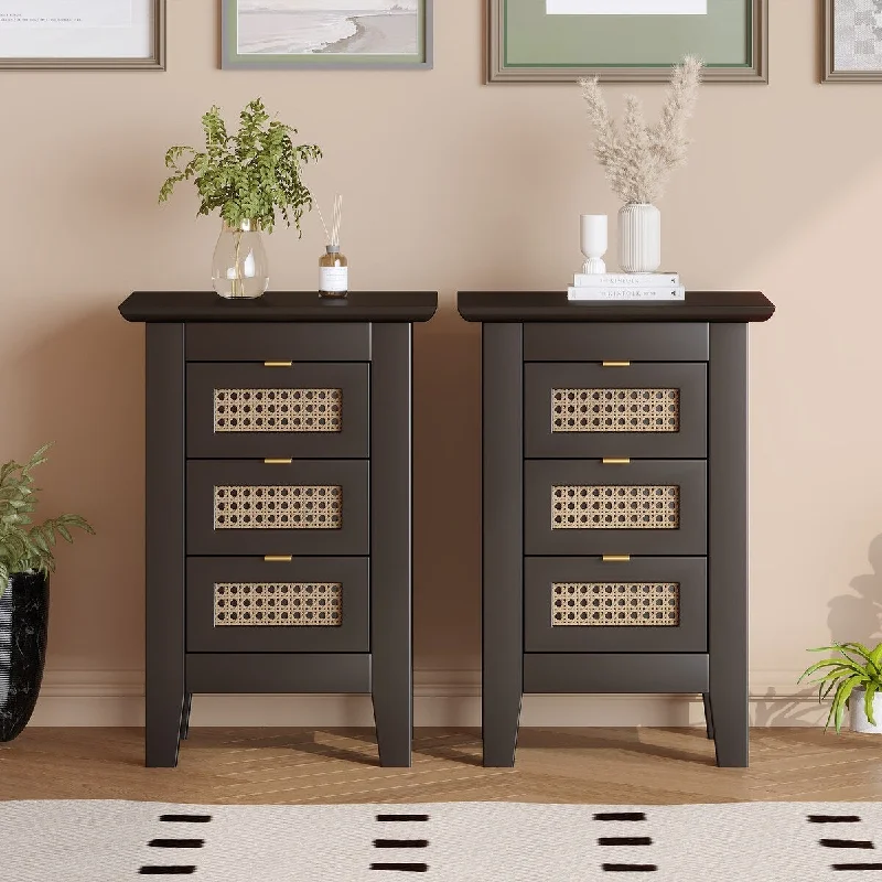 Set of 2 Nightstands with Rattan-Woven Surfaces and 3 Drawers, Exquisite Elegance with Storage Solutions