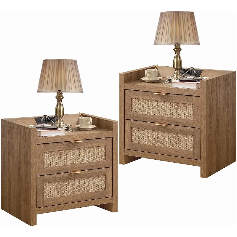 SICOTAS Farmhouse Set of 2 Nightstand with Charging Station and 2-Drawers