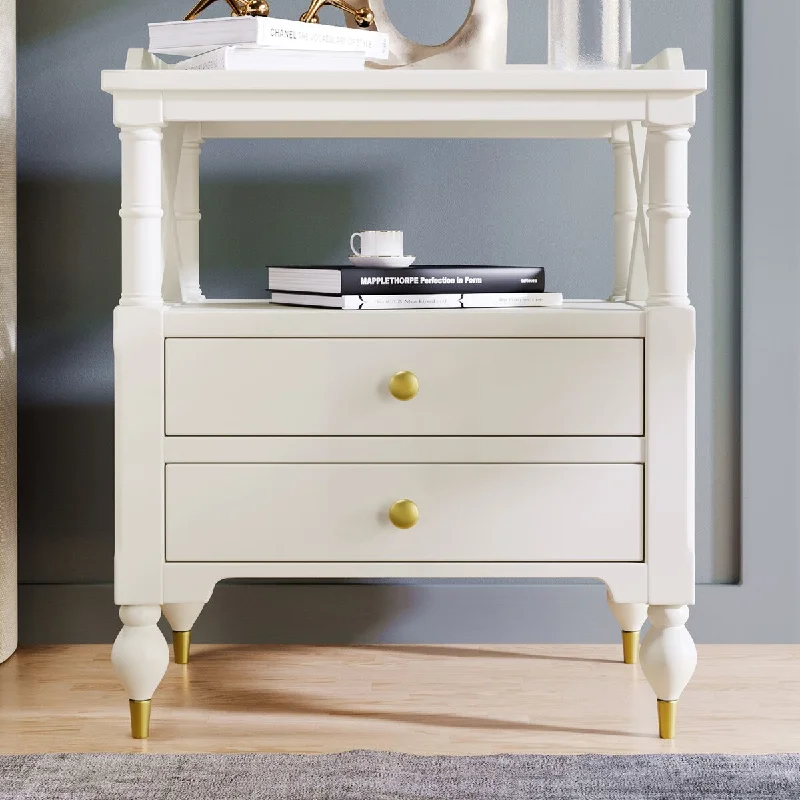 Sleek Modern Traditional Solid Wood 2 Drawer Nightstand with Gold Handles - Timeless Elegance