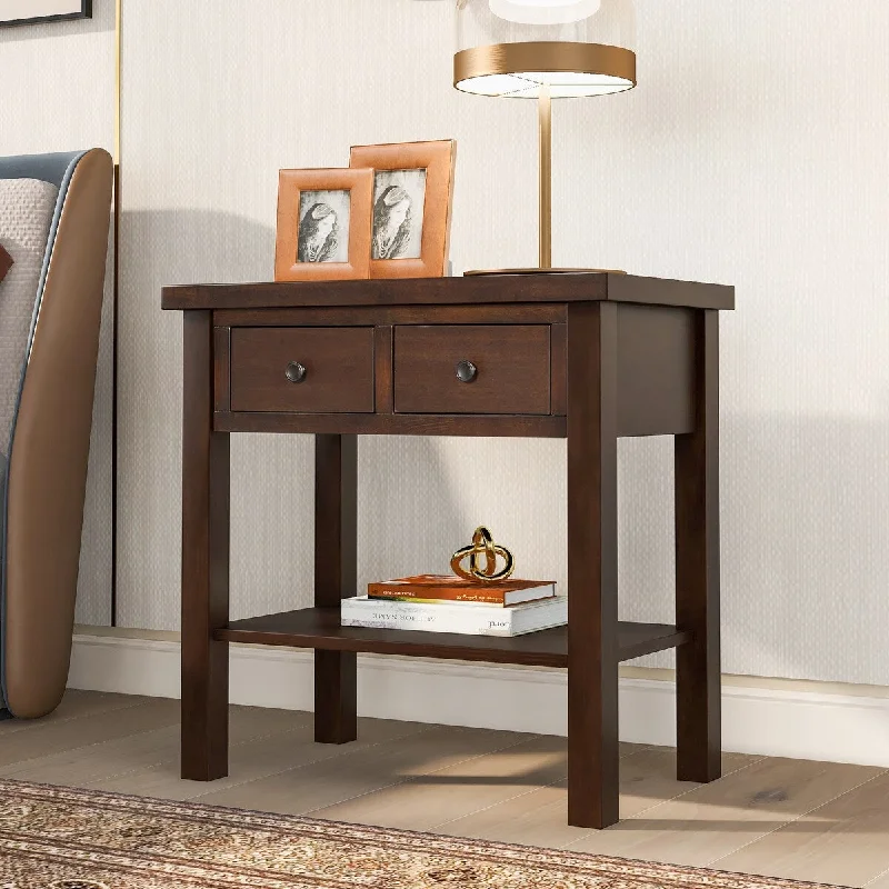 Solid Pine Wood Nightstand with 2 Drawers and Open Bottom Storage Shelf