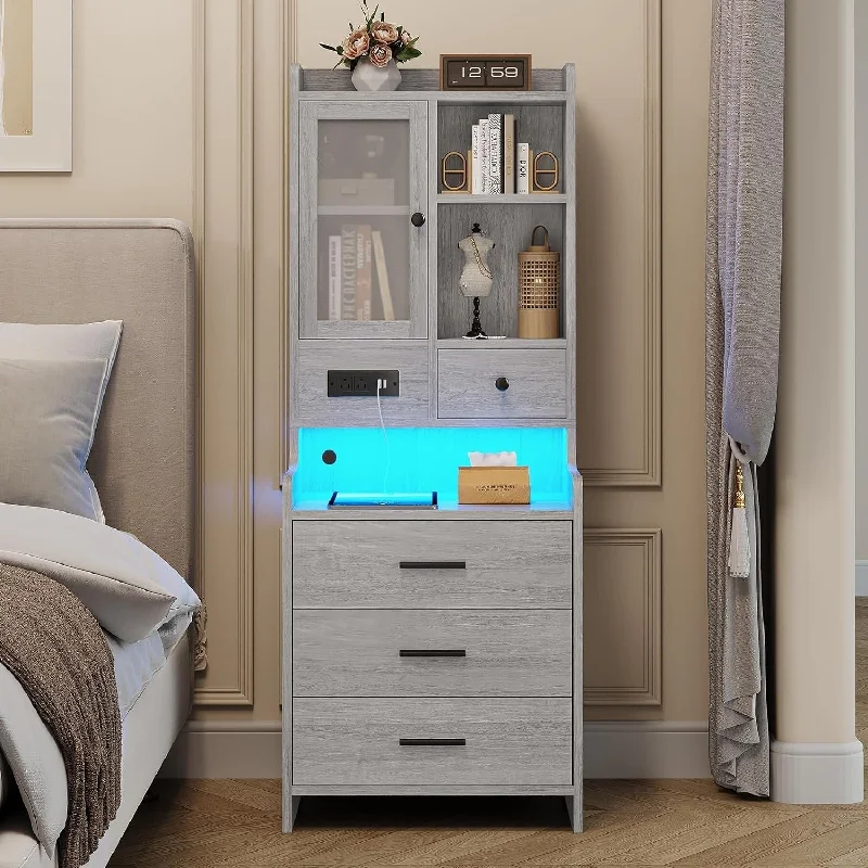 Tall Nightstand Charging Station 3 Drawers & Shelves LED Glass Door