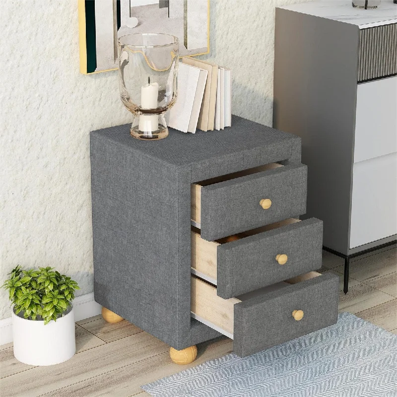 Upholstered Storage Nightstand with 3 Drawers and Natural Wood Knobs