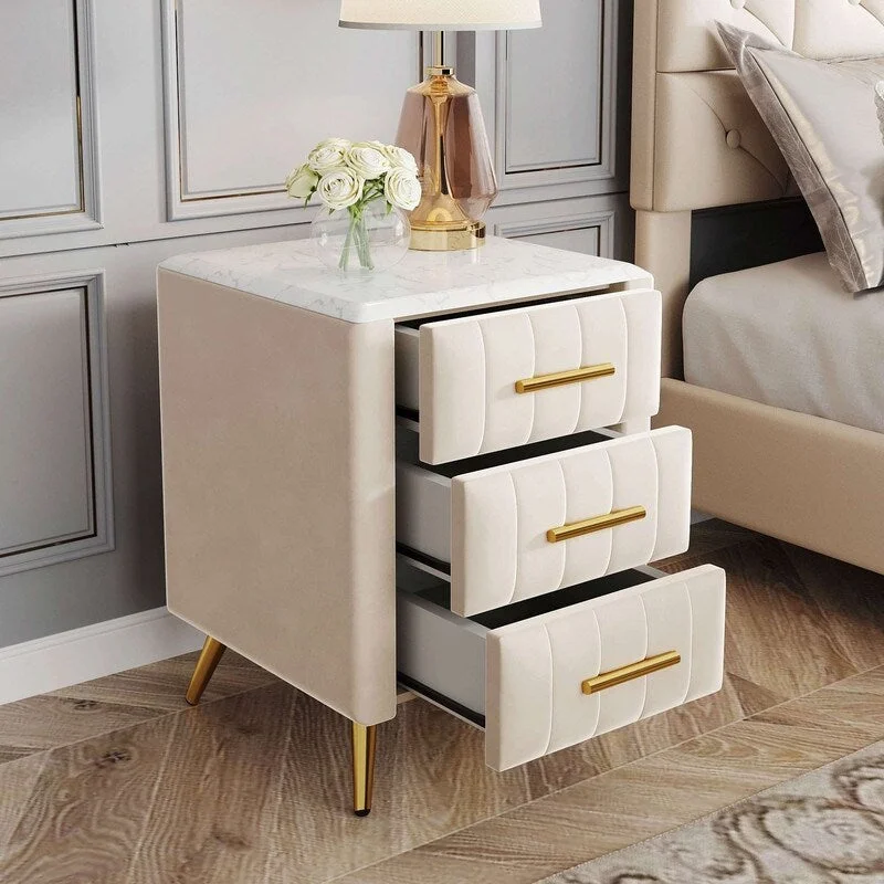 Upholstered Wooden Nightstand with 3 Drawers and Metal Legs&Handles