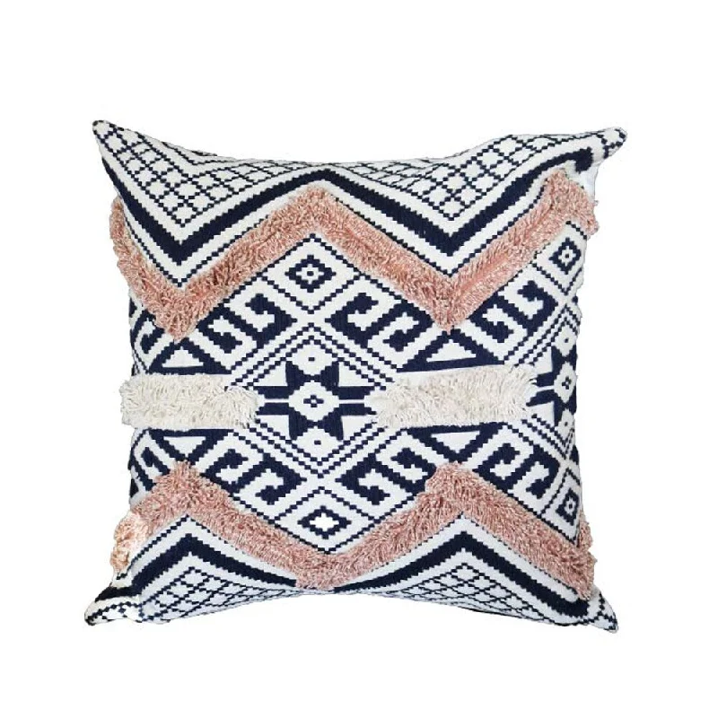 Vintage Bohemian Style Handcrafted Square Jacquard Cotton Accent Throw Pillow, Geometric Tribal Pattern - White