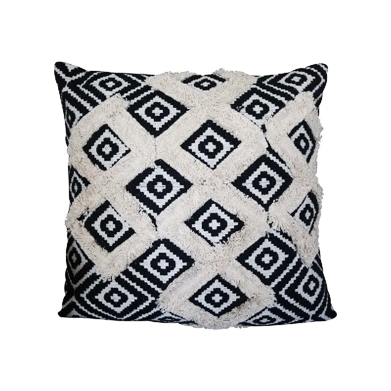 Vintage Bohemian Style Handcrafted Square Jacquard Soft Cotton Accent Throw Pillow, Diamond Pattern, White, Black - White