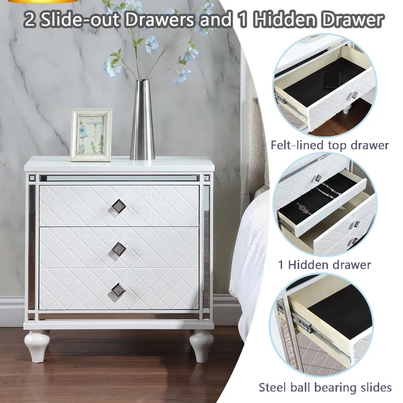 White Faux Crocodile Texture Nightstand, 2-drawers & Hidden Drawer