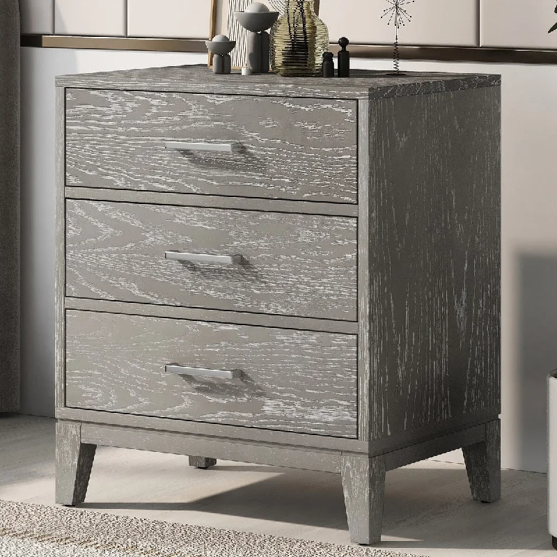 Wood Grain Three-Drawer Nightstand with Tapered Legs and Smooth Gliding Drawers