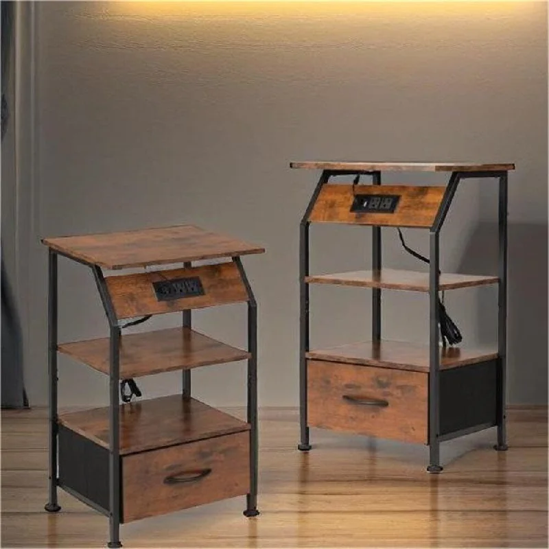 Wood Nightstand with Charging Station and LED Light (Set of 2)