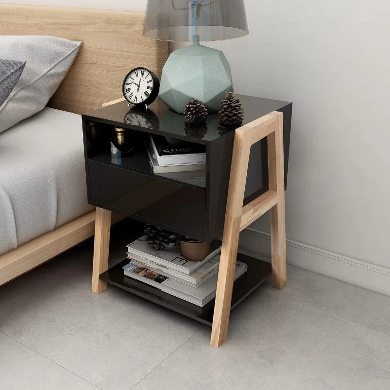 Wooden Nightstand with Drawers and Shelves