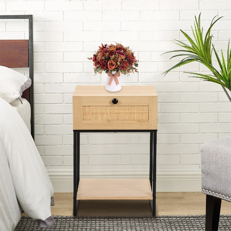 Wooden Nightstand with one drawer,wood grain Color（Set of 2）