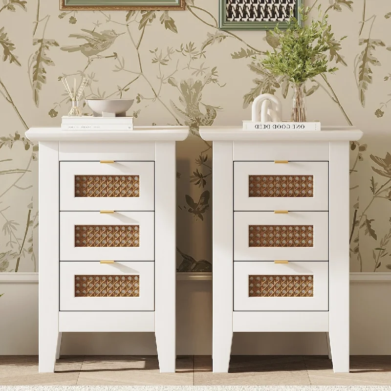 Wooden Nightstands Set of 2 with Rattan-Woven Surfaces and Three Drawers