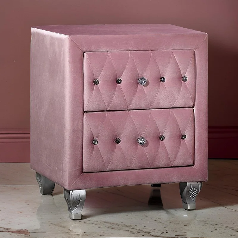 Zoha 26 Inch Nightstand, 2 Drawer, Cabriole Legs, Wood, Pink Upholstery