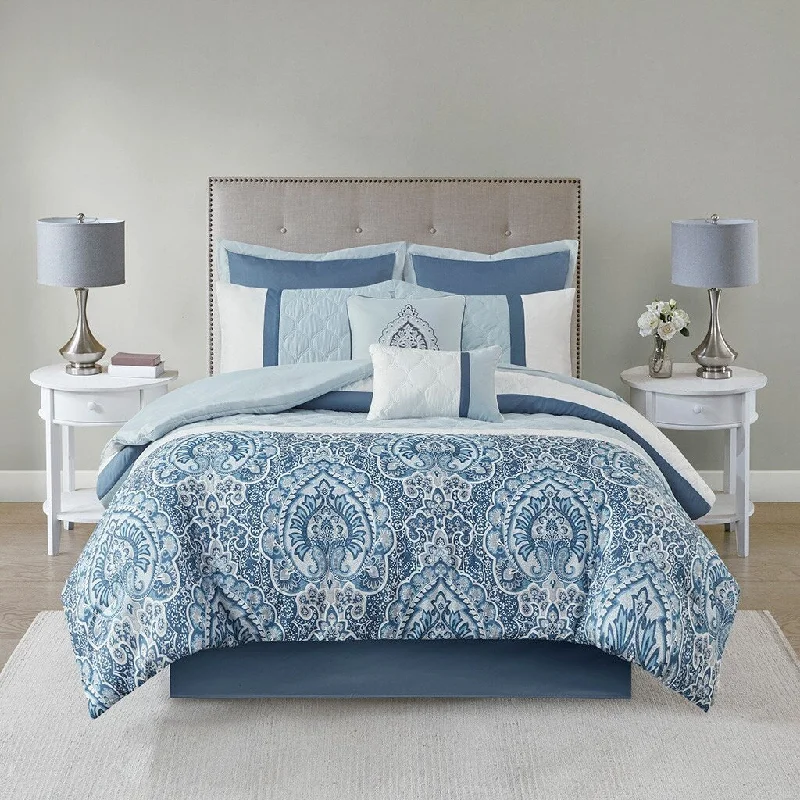 8 Piece Comforter Polyester Damask Print Detailing Set