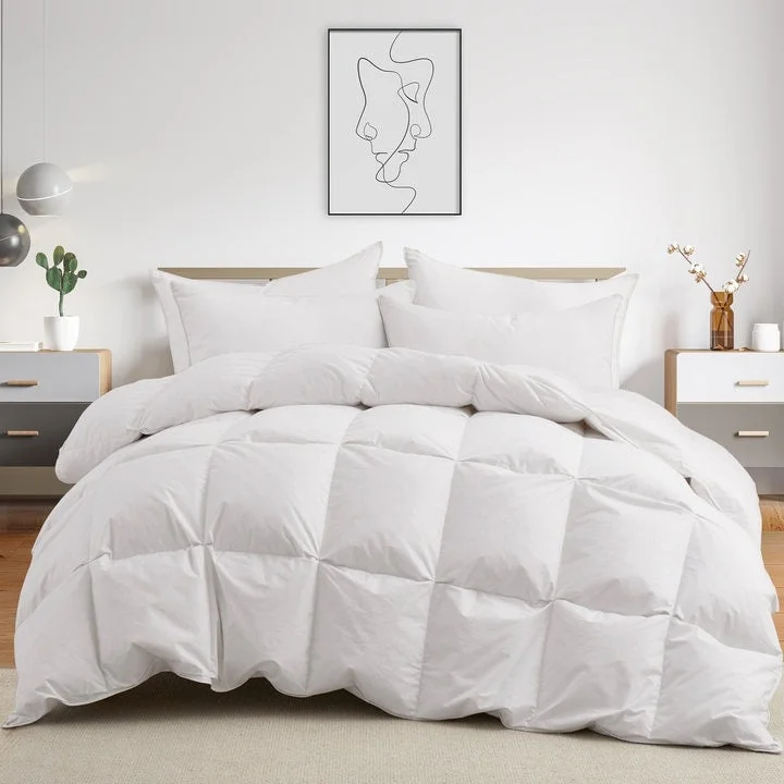 All Season White Goose Feather Down Comforter 100% Cotton Cover with Pintuck Pinch Pleat