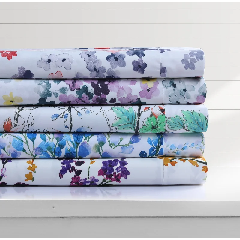 Azores Home Floral Printed Deep Pocket Sheet Set with Oversized Flat