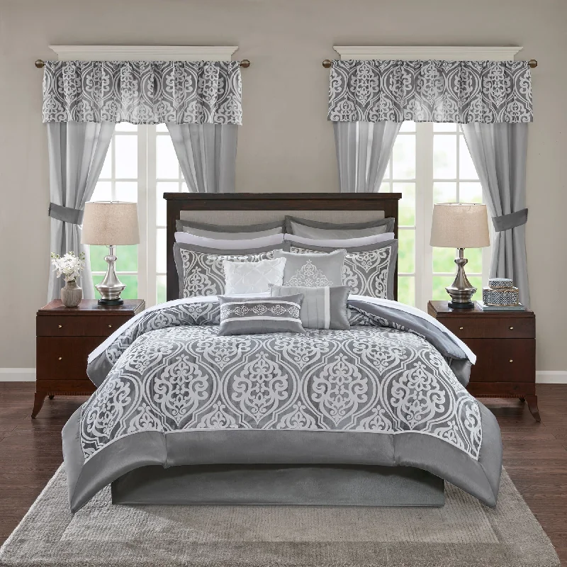 Madison Park Essentials Charley Jacquard Pieced 24 Pieces Room in a Bag - Sheet Set & Window Curtain Included