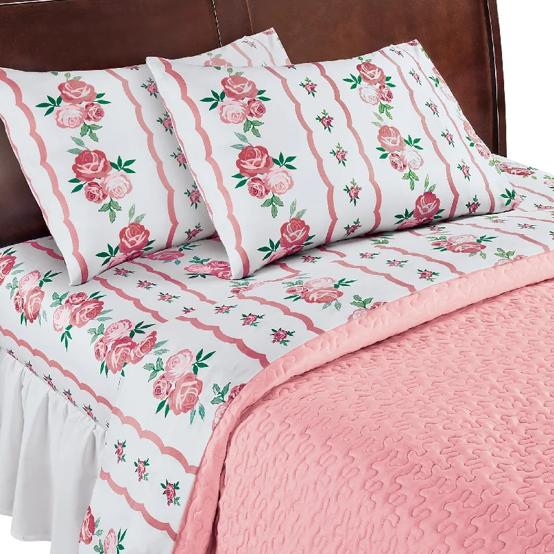 Printed Lovely Bright Blooming Roses White Sheet Set