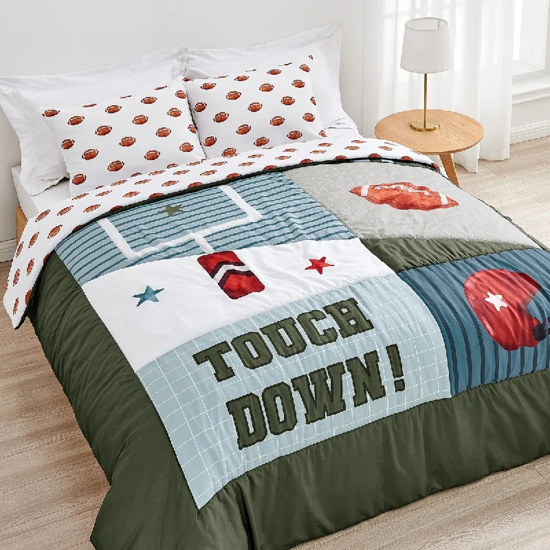 Sweet Jojo Designs American Football MVP Boy 3pc Full/Queen-size Comforter Set Green Blue Red Vintage Helmet Field Goal Sports