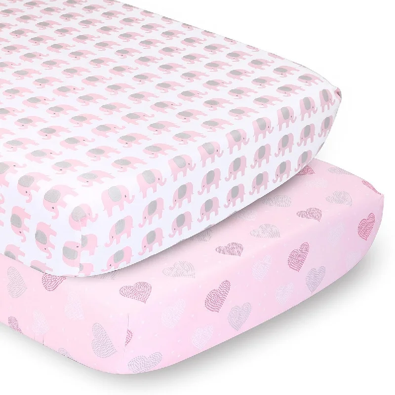 The Peanutshell Pink Elephants & Pink Hearts Pink/Grey Fitted Crib Sheet Set