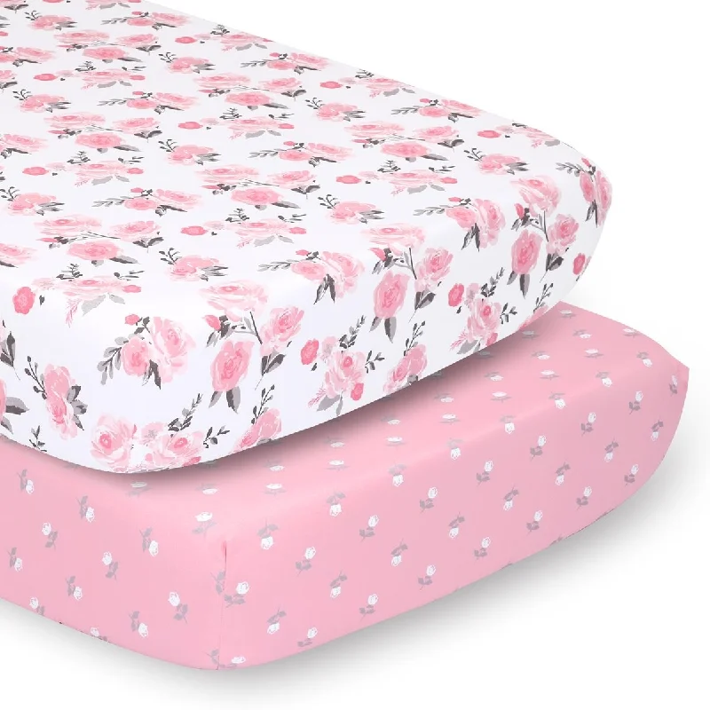 The Peanutshell Roses & Floral Pink/Grey Fitted Crib Sheet Set