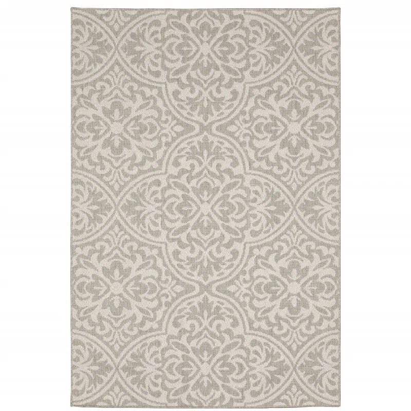 10' X 13' Floral Stain Resistant Indoor / Outdoor Area Rug - Gray / Ivory