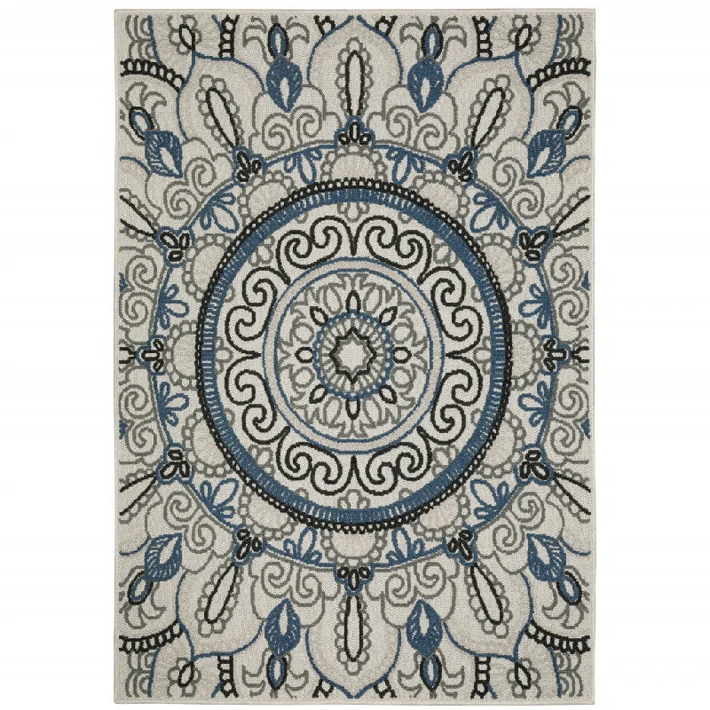 10' X 13' Geometric Stain Resistant Indoor & Outdoor Area Rug - Blue / Beige