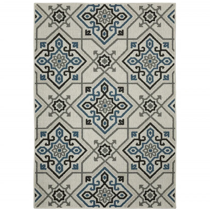 10' X 13' Oriental Stain Resistant Indoor & Outdoor Area Rug - Blue / Beige