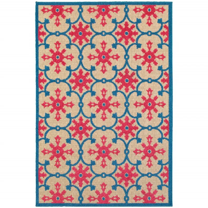 10' X 13' Oriental Stain Resistant Indoor / Outdoor Area Rug - Blue / Beige