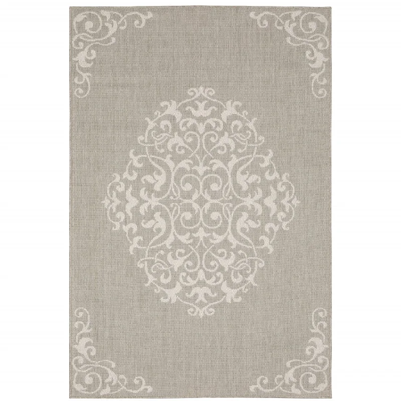 10' X 13' Oriental Stain Resistant Indoor / Outdoor Area Rug - Gray / Ivory