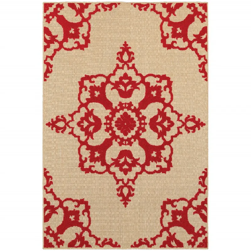 10' X 13' Oriental Stain Resistant Indoor / Outdoor Area Rug - Red