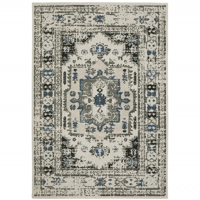 10' X 13' Oriental Stain Resistant Outdoor / Indoor Area Rug - Blue / Beige