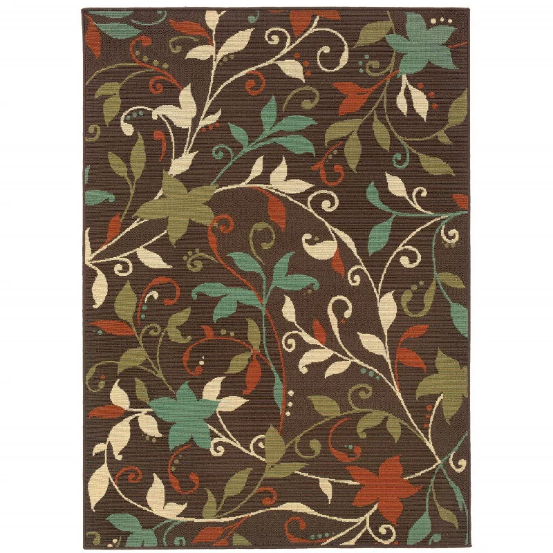 4' X 6' Floral Stain Resistant Outdoor / Indoor Area Rug - Brown