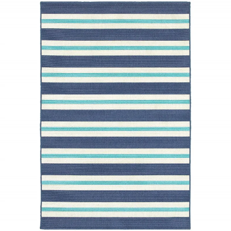 4' X 6' Geometric Stain Resistant Area Rug Outdoor & Indoor - Ivory / Blue