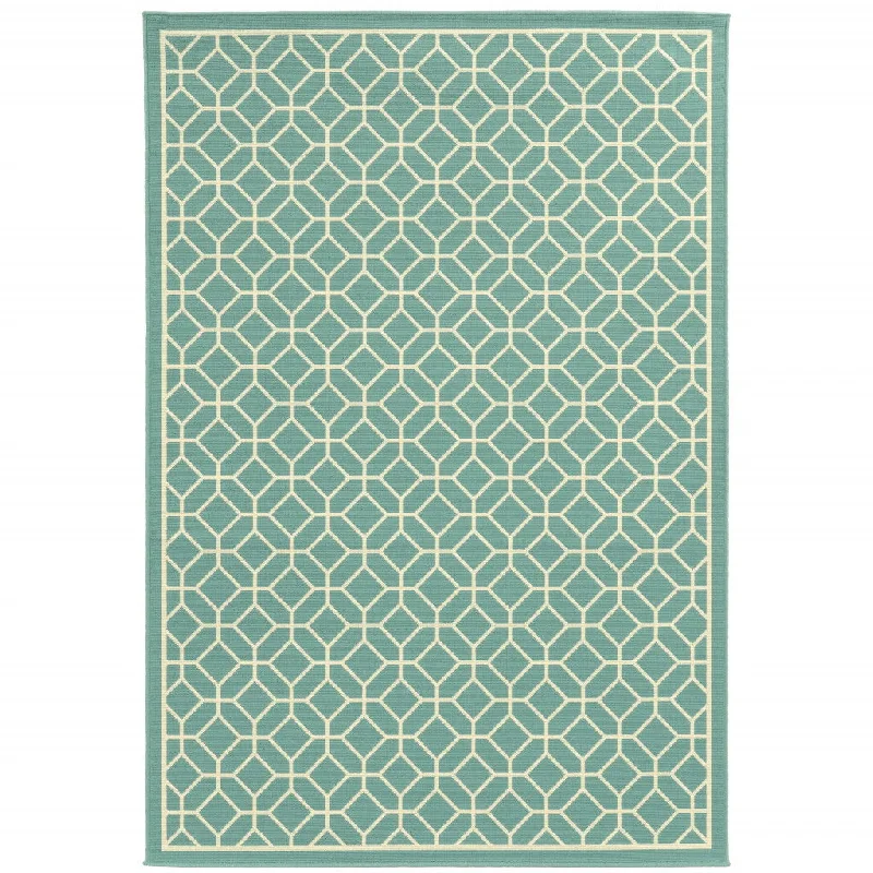 4' X 6' Geometric Stain Resistant Indoor & Outdoor Area Rug - Ivory / Blue