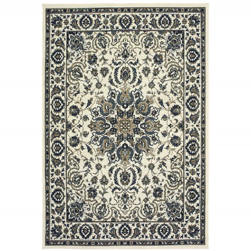 4' X 6' Oriental Stain Resistant Indoor / Outdoor Area Rug - Ivory / Blue