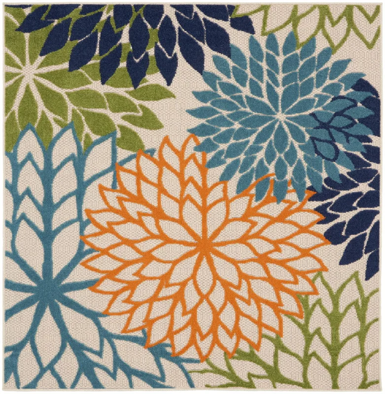 5' Square Floral Power Loom Stain Resistant Area Rug - Blue / Green