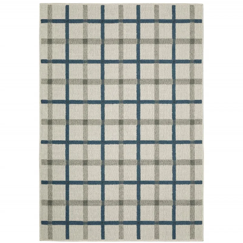 5' X 7' Geometric Stain Resistant Outdoor & Indoor Area Rug - Blue / Beige