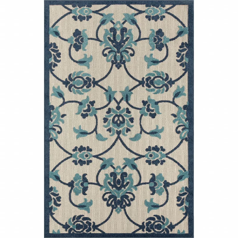 5' X 8' Floral Non Skid Indoor / Outdoor Area Rug - Blue