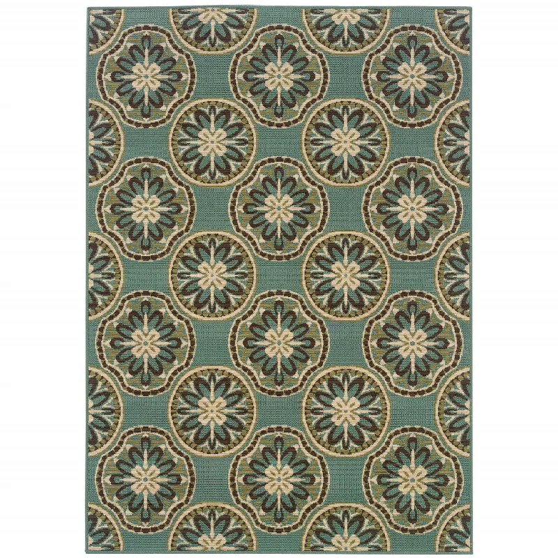 5' X 8' Floral Stain Resistant Indoor & Outdoor Area Rug - Blue / Ivory